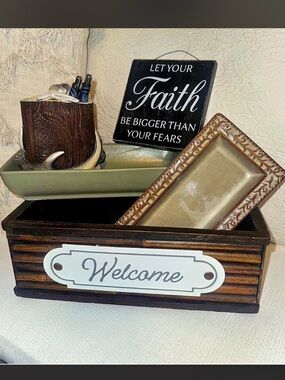 Welcome Decorative Wooden Tray with Olive Green Dish and Accent Pieces